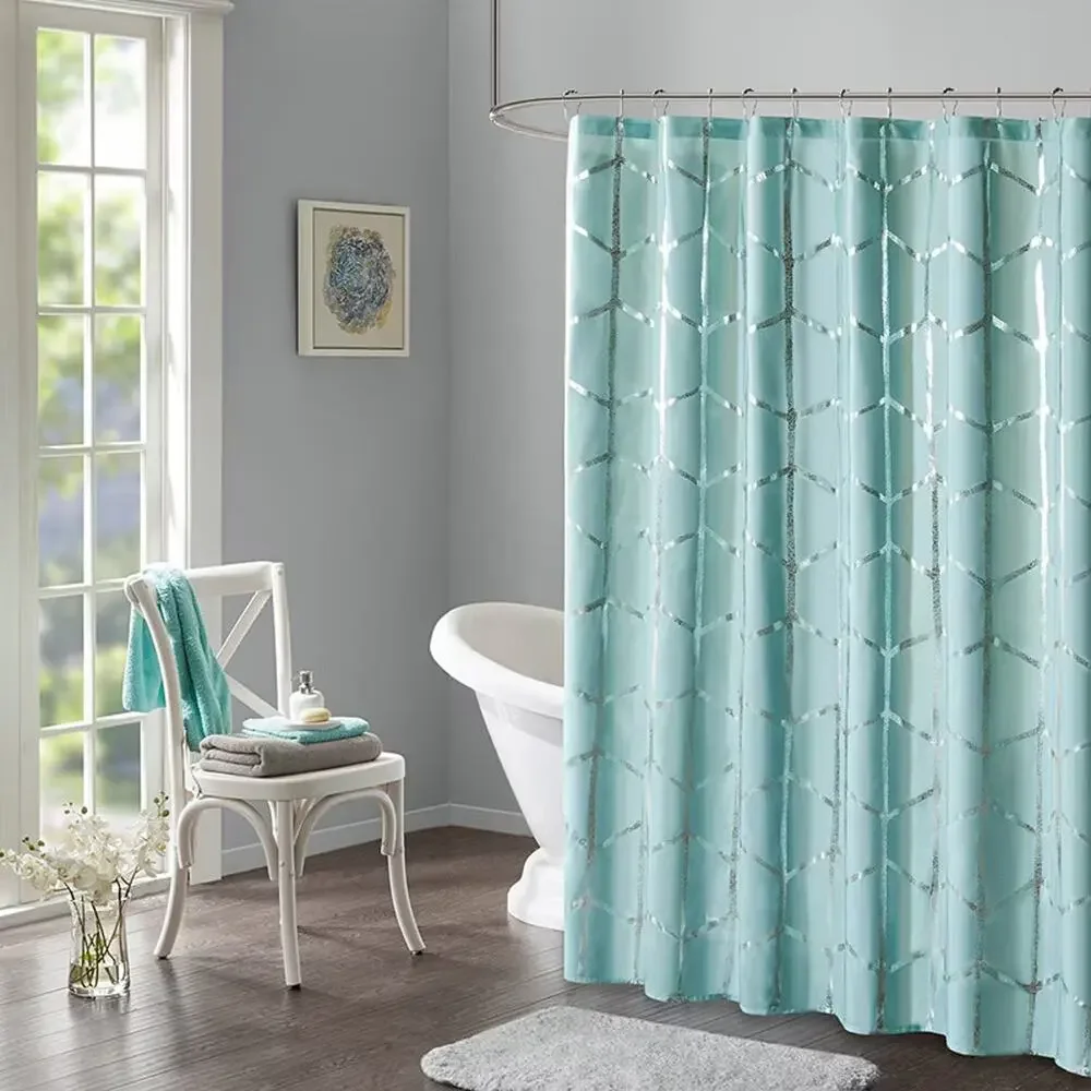 Intelligent Design Arielle Aqua Metallic Geometric Microfiber Shower Curtain